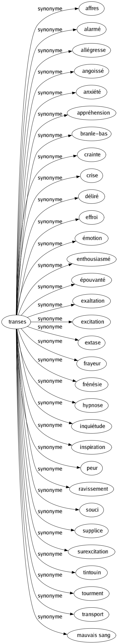 Synonyme de Transes : Affres Alarmé Allégresse Angoissé Anxiété Appréhension Branle-bas Crainte Crise Déliré Effroi Émotion Enthousiasmé Épouvanté Exaltation Excitation Extase Frayeur Frénésie Hypnose Inquiétude Inspiration Peur Ravissement Souci Supplice Surexcitation Tintouin Tourment Transport Mauvais sang 