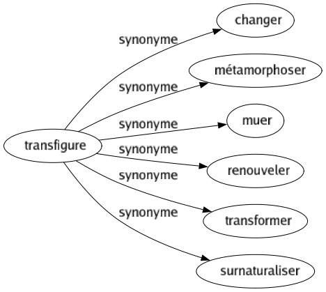 Synonyme de Transfigure : Changer Métamorphoser Muer Renouveler Transformer Surnaturaliser 