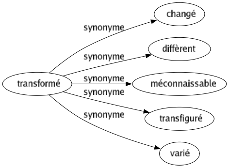 Synonyme de Transformé : Changé Diffèrent Méconnaissable Transfiguré Varié 
