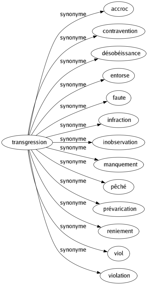 Synonyme de Transgression : Accroc Contravention Désobéissance Entorse Faute Infraction Inobservation Manquement Pêché Prévarication Reniement Viol Violation 