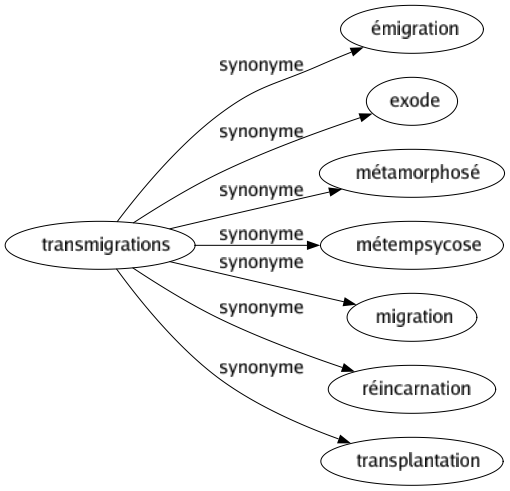 Synonyme de Transmigrations : Émigration Exode Métamorphosé Métempsycose Migration Réincarnation Transplantation 