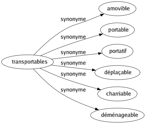 Synonyme de Transportables : Amovible Portable Portatif Déplaçable Charriable Déménageable 