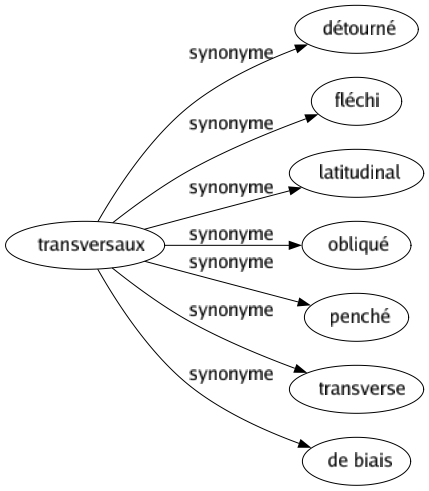 Synonyme de Transversaux : Détourné Fléchi Latitudinal Obliqué Penché Transverse De biais 