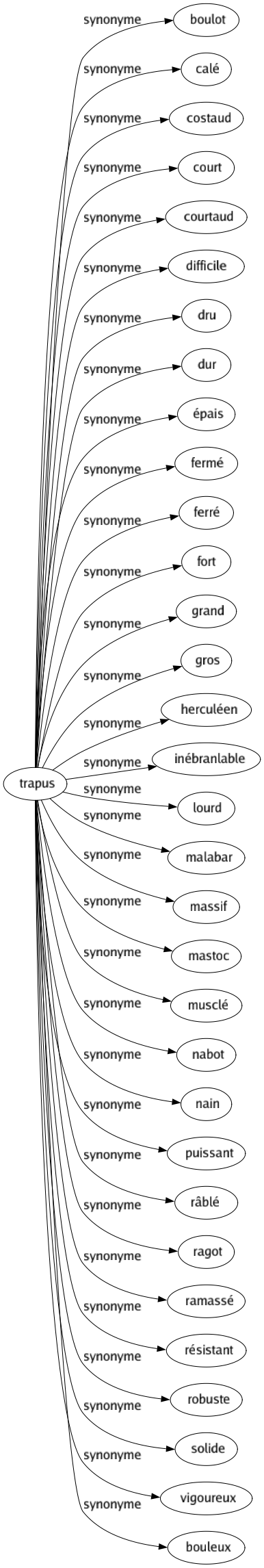 Synonyme de Trapus : Boulot Calé Costaud Court Courtaud Difficile Dru Dur Épais Fermé Ferré Fort Grand Gros Herculéen Inébranlable Lourd Malabar Massif Mastoc Musclé Nabot Nain Puissant Râblé Ragot Ramassé Résistant Robuste Solide Vigoureux Bouleux 