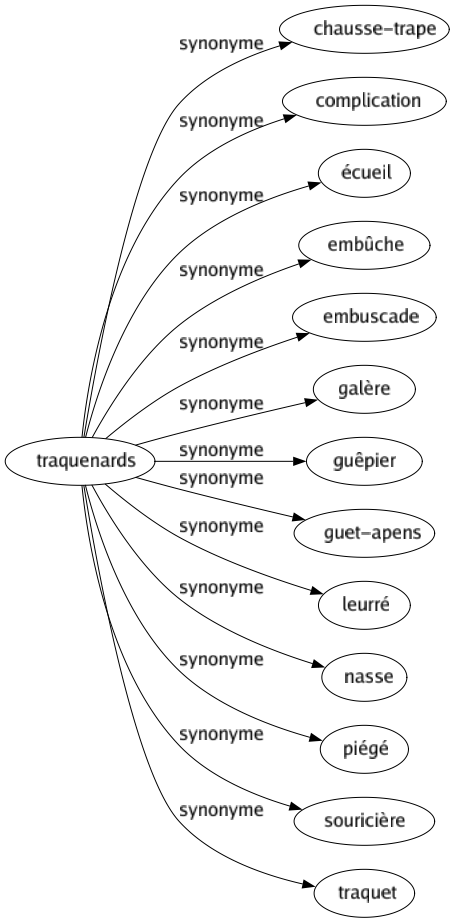 Synonyme de Traquenards : Chausse-trape Complication Écueil Embûche Embuscade Galère Guêpier Guet-apens Leurré Nasse Piégé Souricière Traquet 