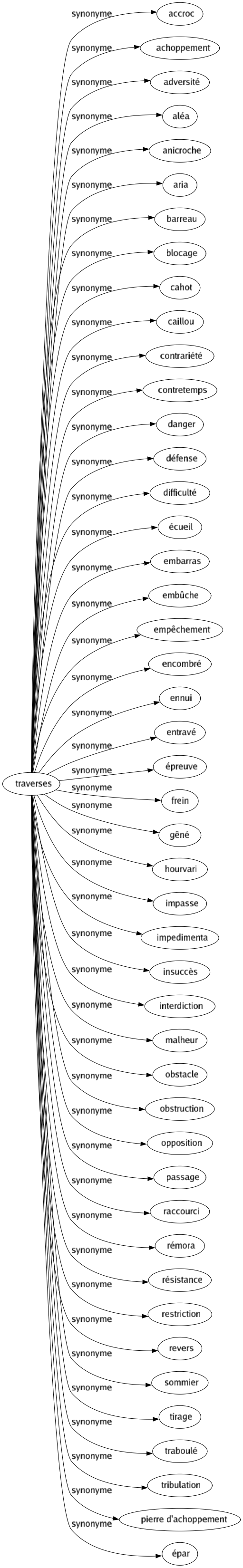 Synonyme de Traverses : Accroc Achoppement Adversité Aléa Anicroche Aria Barreau Blocage Cahot Caillou Contrariété Contretemps Danger Défense Difficulté Écueil Embarras Embûche Empêchement Encombré Ennui Entravé Épreuve Frein Gêné Hourvari Impasse Impedimenta Insuccès Interdiction Malheur Obstacle Obstruction Opposition Passage Raccourci Rémora Résistance Restriction Revers Sommier Tirage Traboulé Tribulation Pierre d'achoppement Épar 