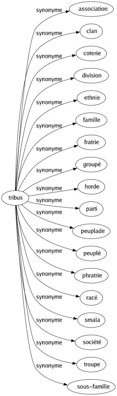 Synonyme de Tribus : Association Clan Coterie Division Ethnie Famille Fratrie Groupé Horde Parti Peuplade Peuplé Phratrie Racé Smala Société Troupe Sous-famille 