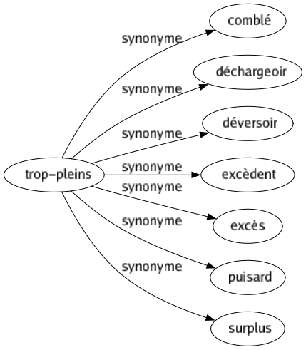 Synonyme de Trop-pleins : Comblé Déchargeoir Déversoir Excèdent Excès Puisard Surplus 