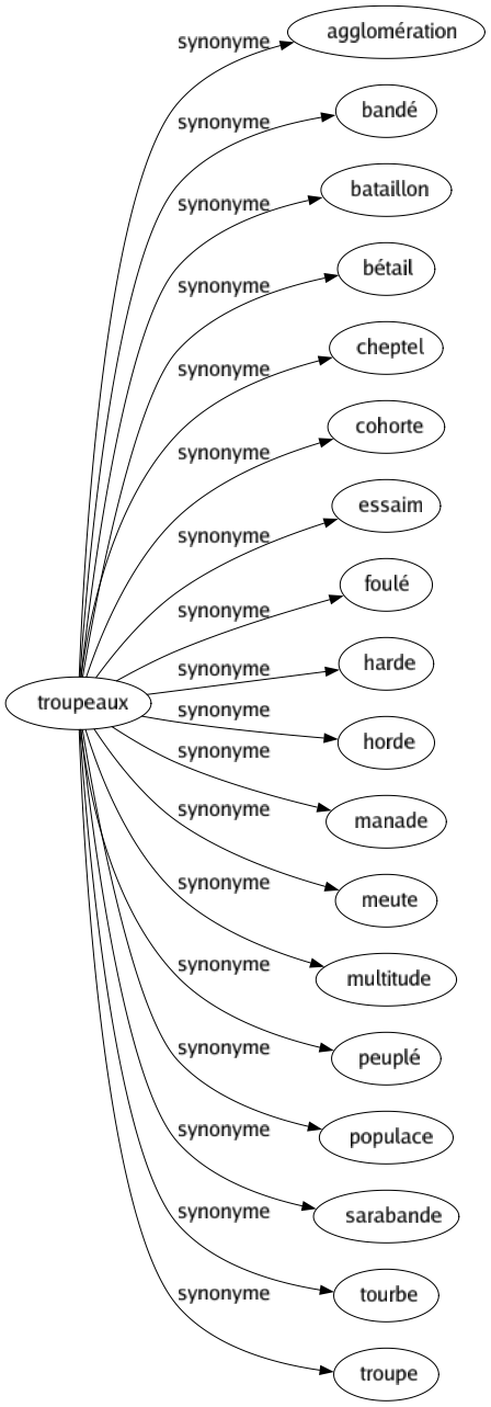 Synonyme de Troupeaux : Agglomération Bandé Bataillon Bétail Cheptel Cohorte Essaim Foulé Harde Horde Manade Meute Multitude Peuplé Populace Sarabande Tourbe Troupe 