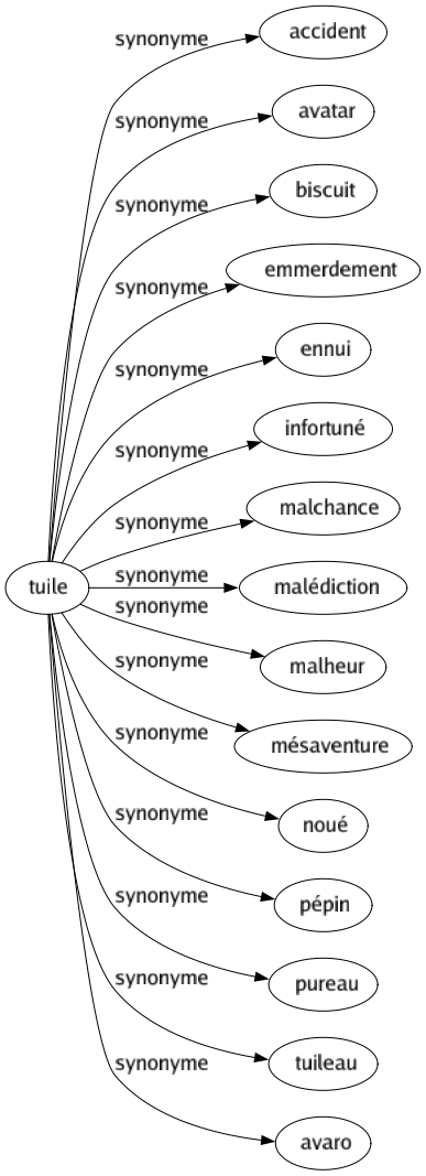 Synonyme de Tuile : Accident Avatar Biscuit Emmerdement Ennui Infortuné Malchance Malédiction Malheur Mésaventure Noué Pépin Pureau Tuileau Avaro 