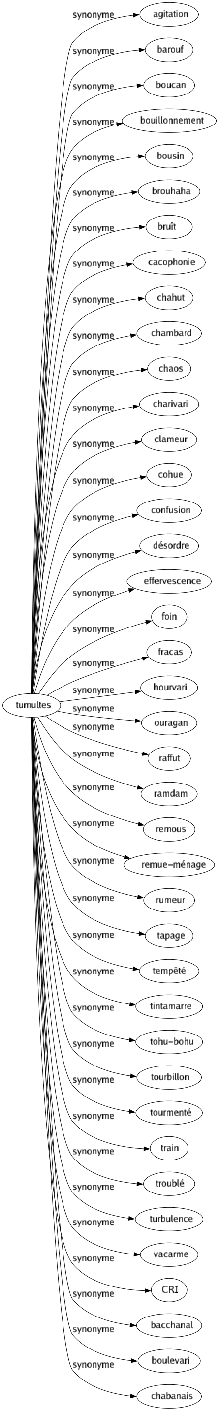 Synonyme de Tumultes : Agitation Barouf Boucan Bouillonnement Bousin Brouhaha Bruît Cacophonie Chahut Chambard Chaos Charivari Clameur Cohue Confusion Désordre Effervescence Foin Fracas Hourvari Ouragan Raffut Ramdam Remous Remue-ménage Rumeur Tapage Tempêté Tintamarre Tohu-bohu Tourbillon Tourmenté Train Troublé Turbulence Vacarme Cri Bacchanal Boulevari Chabanais 