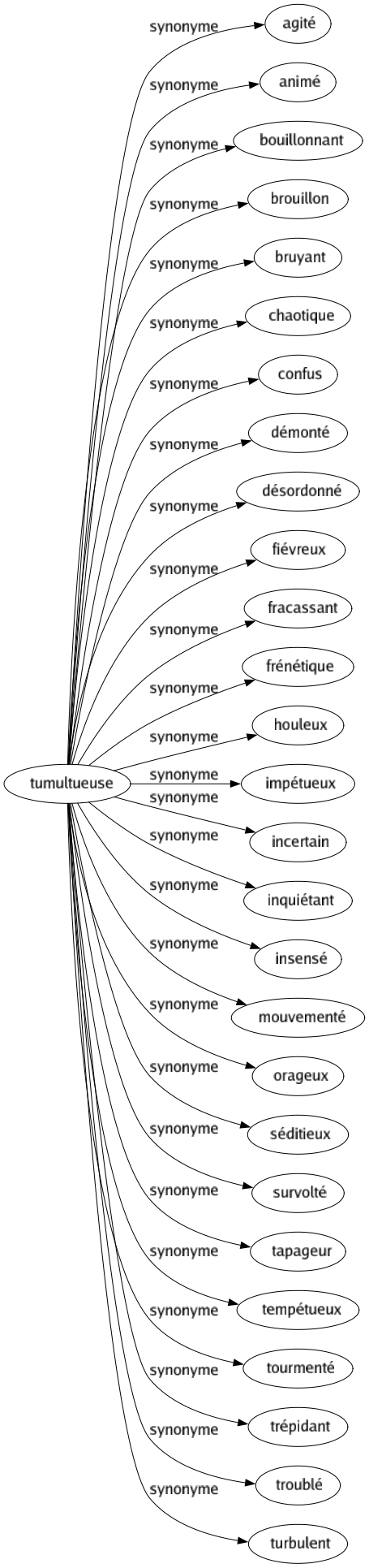 Synonyme de Tumultueuse : Agité Animé Bouillonnant Brouillon Bruyant Chaotique Confus Démonté Désordonné Fiévreux Fracassant Frénétique Houleux Impétueux Incertain Inquiétant Insensé Mouvementé Orageux Séditieux Survolté Tapageur Tempétueux Tourmenté Trépidant Troublé Turbulent 