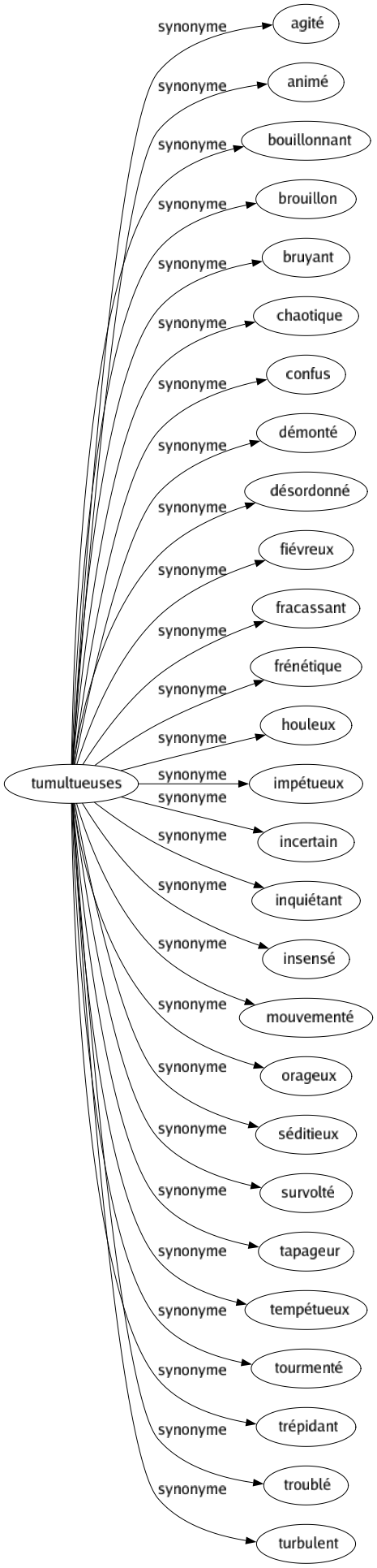 Synonyme de Tumultueuses : Agité Animé Bouillonnant Brouillon Bruyant Chaotique Confus Démonté Désordonné Fiévreux Fracassant Frénétique Houleux Impétueux Incertain Inquiétant Insensé Mouvementé Orageux Séditieux Survolté Tapageur Tempétueux Tourmenté Trépidant Troublé Turbulent 