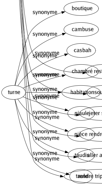 Synonyme de Turne : Boutique Cambuse Casbah Chambré Habitation Piaule Pièce Taudis Taule 