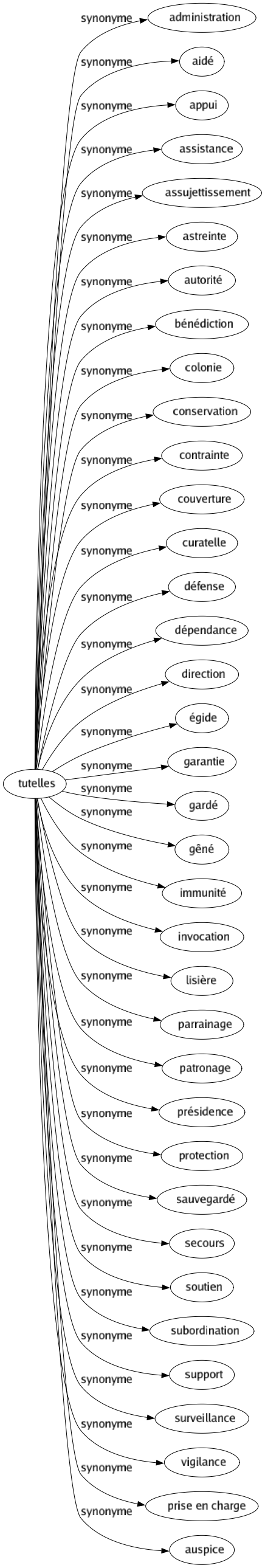 Synonyme de Tutelles : Administration Aidé Appui Assistance Assujettissement Astreinte Autorité Bénédiction Colonie Conservation Contrainte Couverture Curatelle Défense Dépendance Direction Égide Garantie Gardé Gêné Immunité Invocation Lisière Parrainage Patronage Présidence Protection Sauvegardé Secours Soutien Subordination Support Surveillance Vigilance Prise en charge Auspice 