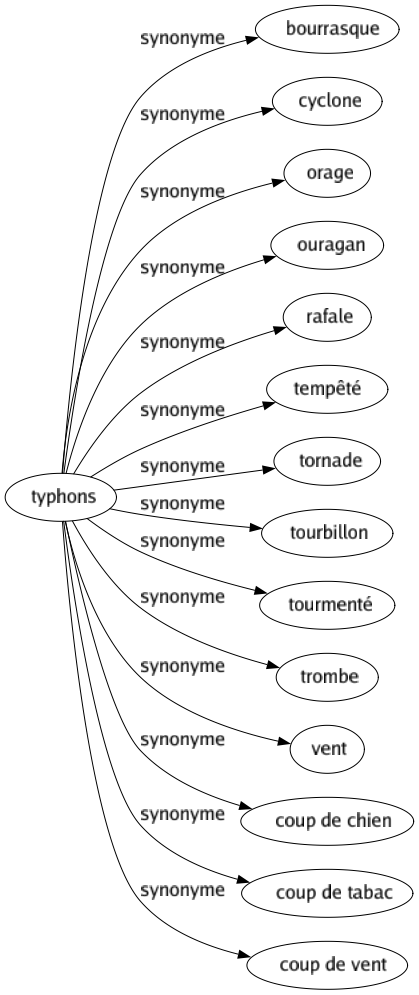 Synonyme de Typhons : Bourrasque Cyclone Orage Ouragan Rafale Tempêté Tornade Tourbillon Tourmenté Trombe Vent Coup de chien Coup de tabac Coup de vent 