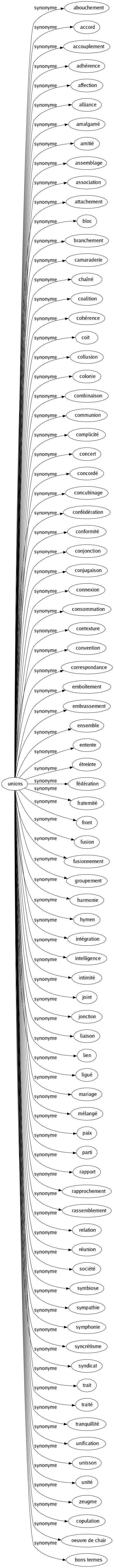 Synonyme de Unions : Abouchement Accord Accouplement Adhérence Affection Alliance Amalgamé Amitié Assemblage Association Attachement Bloc Branchement Camaraderie Chaîné Coalition Cohérence Coït Collusion Colonie Combinaison Communion Complicité Concert Concordé Concubinage Confédération Conformité Conjonction Conjugaison Connexion Consommation Contexture Convention Correspondance Emboîtement Embrassement Ensemble Entente Étreinte Fédération Fraternité Front Fusion Fusionnement Groupement Harmonie Hymen Intégration Intelligence Intimité Joint Jonction Liaison Lien Ligué Mariage Mélangé Paix Parti Rapport Rapprochement Rassemblement Relation Réunion Société Symbiose Sympathie Symphonie Syncrétisme Syndicat Trait Traité Tranquillité Unification Unisson Unité Zeugme Copulation Oeuvre de chair Bons termes 