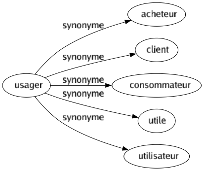 Synonyme de Usager : Acheteur Client Consommateur Utile Utilisateur 
