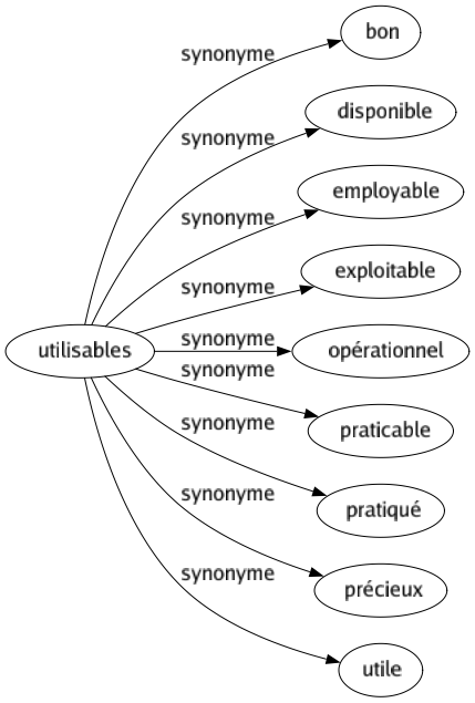 Synonyme de Utilisables : Bon Disponible Employable Exploitable Opérationnel Praticable Pratiqué Précieux Utile 