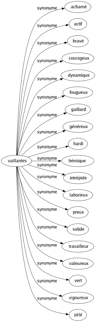 Synonyme de Vaillantes : Acharné Actif Bravé Courageux Dynamique Fougueux Gaillard Généreux Hardi Héroïque Intrépide Laborieux Preux Solide Travailleur Valeureux Vert Vigoureux Zélé 