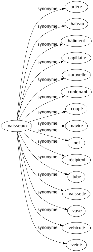 Synonyme de Vaisseaux : Artère Bateau Bâtiment Capillaire Caravelle Contenant Coupé Navire Nef Récipient Tube Vaisselle Vase Véhiculé Veiné 