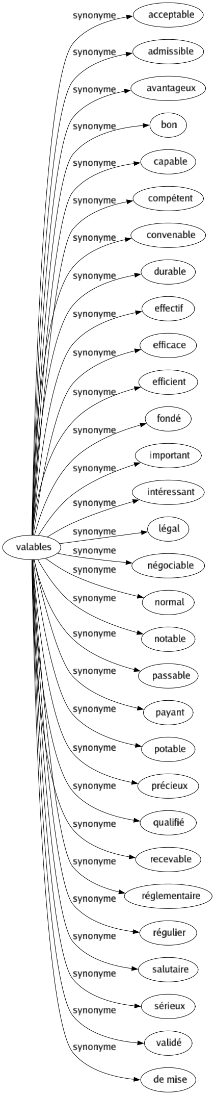 Synonyme de Valables : Acceptable Admissible Avantageux Bon Capable Compétent Convenable Durable Effectif Efficace Efficient Fondé Important Intéressant Légal Négociable Normal Notable Passable Payant Potable Précieux Qualifié Recevable Réglementaire Régulier Salutaire Sérieux Validé De mise 