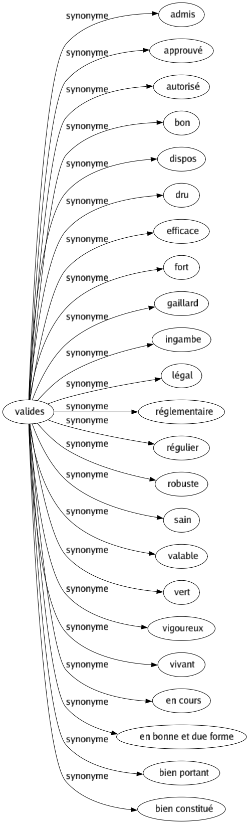 Synonyme de Valides : Admis Approuvé Autorisé Bon Dispos Dru Efficace Fort Gaillard Ingambe Légal Réglementaire Régulier Robuste Sain Valable Vert Vigoureux Vivant En cours En bonne et due forme Bien portant Bien constitué 