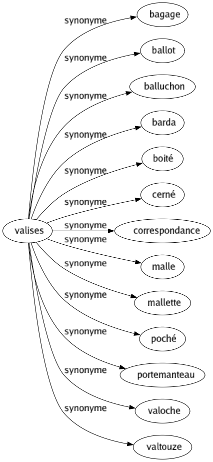 Synonyme de Valises : Bagage Ballot Balluchon Barda Boité Cerné Correspondance Malle Mallette Poché Portemanteau Valoche Valtouze 