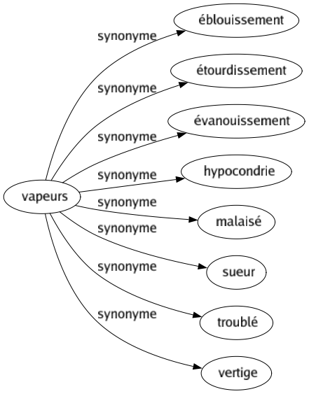 Synonyme de Vapeurs : Éblouissement Étourdissement Évanouissement Hypocondrie Malaisé Sueur Troublé Vertige 