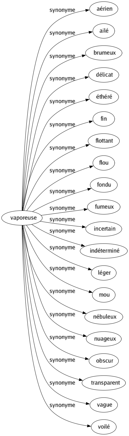 Synonyme de Vaporeuse : Aérien Ailé Brumeux Délicat Éthéré Fin Flottant Flou Fondu Fumeux Incertain Indéterminé Léger Mou Nébuleux Nuageux Obscur Transparent Vague Voilé 