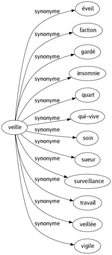 Synonyme de Veille : Éveil Faction Gardé Insomnie Quart Qui-vive Soin Sueur Surveillance Travail Veillée Vigile 