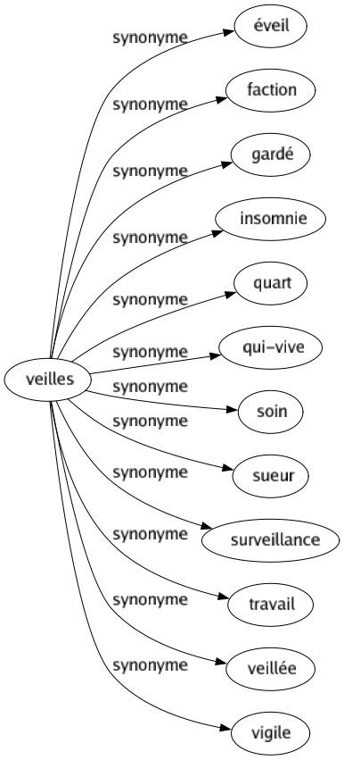 Synonyme de Veilles : Éveil Faction Gardé Insomnie Quart Qui-vive Soin Sueur Surveillance Travail Veillée Vigile 