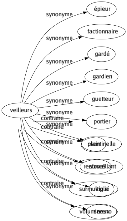 Synonyme de Veilleurs : Épieur Factionnaire Gardé Gardien Guetteur Portier Sentinelle Surveillant Vigie Sereno 