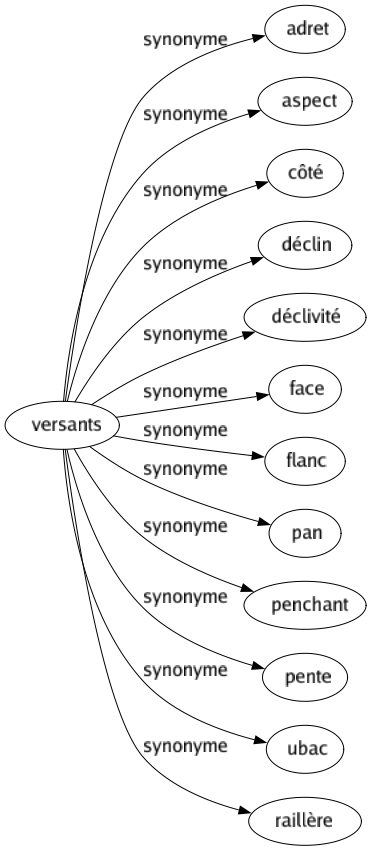 Synonyme de Versants : Adret Aspect Côté Déclin Déclivité Face Flanc Pan Penchant Pente Ubac Raillère 