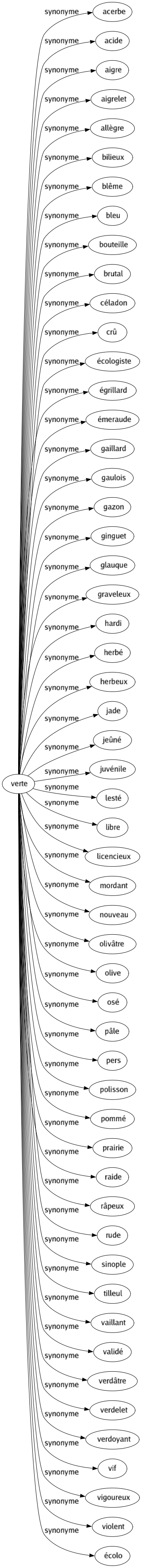 Synonyme de Verte : Acerbe Acide Aigre Aigrelet Allègre Bilieux Blême Bleu Bouteille Brutal Céladon Crû Écologiste Égrillard Émeraude Gaillard Gaulois Gazon Ginguet Glauque Graveleux Hardi Herbé Herbeux Jade Jeûné Juvénile Lesté Libre Licencieux Mordant Nouveau Olivâtre Olive Osé Pâle Pers Polisson Pommé Prairie Raide Râpeux Rude Sinople Tilleul Vaillant Validé Verdâtre Verdelet Verdoyant Vif Vigoureux Violent Écolo 