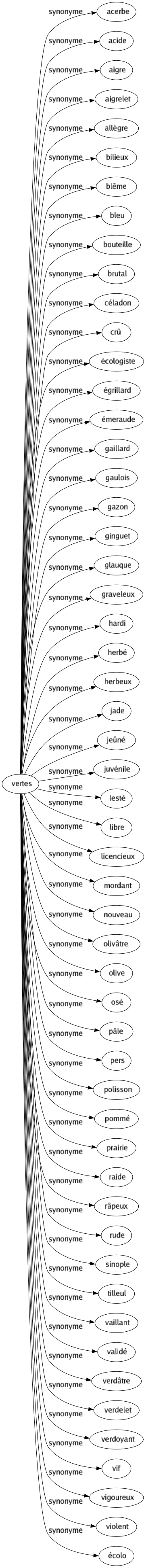 Synonyme de Vertes : Acerbe Acide Aigre Aigrelet Allègre Bilieux Blême Bleu Bouteille Brutal Céladon Crû Écologiste Égrillard Émeraude Gaillard Gaulois Gazon Ginguet Glauque Graveleux Hardi Herbé Herbeux Jade Jeûné Juvénile Lesté Libre Licencieux Mordant Nouveau Olivâtre Olive Osé Pâle Pers Polisson Pommé Prairie Raide Râpeux Rude Sinople Tilleul Vaillant Validé Verdâtre Verdelet Verdoyant Vif Vigoureux Violent Écolo 