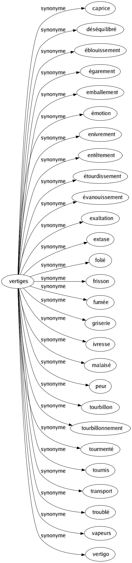 Synonyme de Vertiges : Caprice Déséquilibré Éblouissement Égarement Emballement Émotion Enivrement Entêtement Étourdissement Évanouissement Exaltation Extase Folié Frisson Fumée Griserie Ivresse Malaisé Peur Tourbillon Tourbillonnement Tourmenté Tournis Transport Troublé Vapeurs Vertigo 