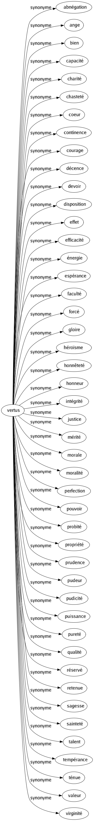 Synonyme de Vertus : Abnégation Ange Bien Capacité Charité Chasteté Coeur Continence Courage Décence Devoir Disposition Effet Efficacité Énergie Espérance Faculté Forcé Gloire Héroïsme Honnêteté Honneur Intégrité Justice Mérité Morale Moralité Perfection Pouvoir Probité Propriété Prudence Pudeur Pudicité Puissance Pureté Qualité Réservé Retenue Sagesse Sainteté Talent Tempérance Ténue Valeur Virginité 