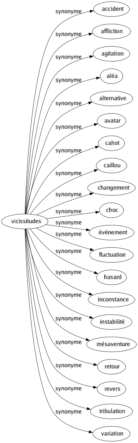 Synonyme de Vicissitudes : Accident Affliction Agitation Aléa Alternative Avatar Cahot Caillou Changement Choc Événement Fluctuation Hasard Inconstance Instabilité Mésaventure Retour Revers Tribulation Variation 