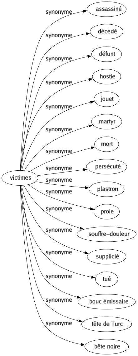 Synonyme de Victimes : Assassiné Décédé Défunt Hostie Jouet Martyr Mort Persécuté Plastron Proie Souffre-douleur Supplicié Tué Bouc émissaire Tête de turc Bête noire 