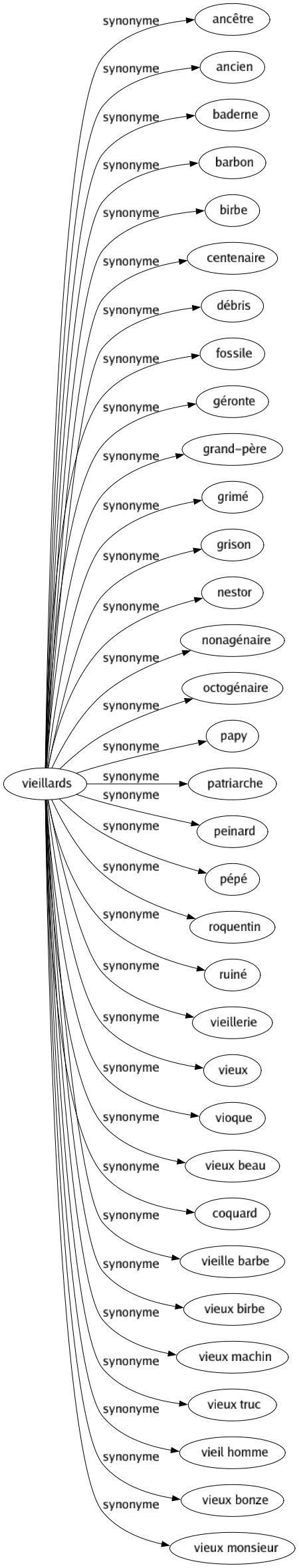 Synonyme de Vieillards : Ancêtre Ancien Baderne Barbon Birbe Centenaire Débris Fossile Géronte Grand-père Grimé Grison Nestor Nonagénaire Octogénaire Papy Patriarche Peinard Pépé Roquentin Ruiné Vieillerie Vieux Vioque Vieux beau Coquard Vieille barbe Vieux birbe Vieux machin Vieux truc Vieil homme Vieux bonze Vieux monsieur 