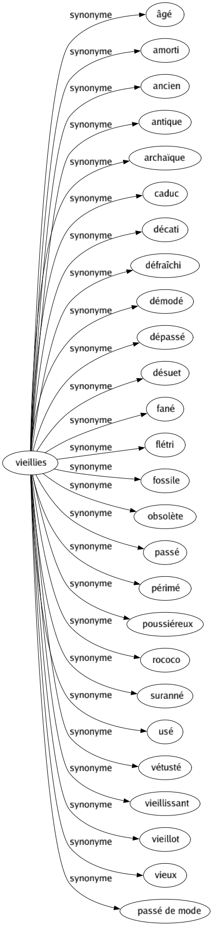 Synonyme de Vieillies : Âgé Amorti Ancien Antique Archaïque Caduc Décati Défraîchi Démodé Dépassé Désuet Fané Flétri Fossile Obsolète Passé Périmé Poussiéreux Rococo Suranné Usé Vétusté Vieillissant Vieillot Vieux Passé de mode 