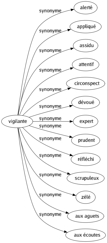 Synonyme de Vigilante : Alerté Appliqué Assidu Attentif Circonspect Dévoué Expert Prudent Réfléchi Scrupuleux Zélé Aux aguets Aux écoutes 