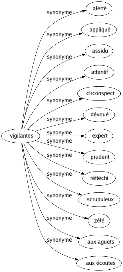 Synonyme de Vigilantes : Alerté Appliqué Assidu Attentif Circonspect Dévoué Expert Prudent Réfléchi Scrupuleux Zélé Aux aguets Aux écoutes 