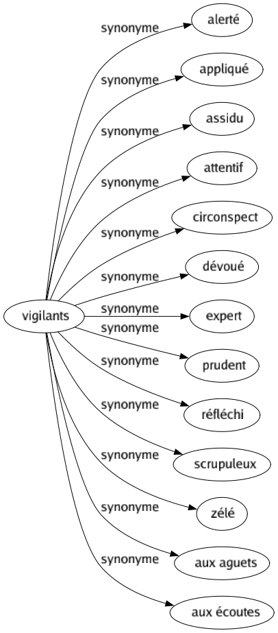 Synonyme de Vigilants : Alerté Appliqué Assidu Attentif Circonspect Dévoué Expert Prudent Réfléchi Scrupuleux Zélé Aux aguets Aux écoutes 