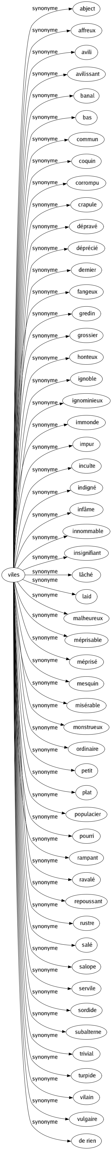 Synonyme de Viles : Abject Affreux Avili Avilissant Banal Bas Commun Coquin Corrompu Crapule Dépravé Déprécié Dernier Fangeux Gredin Grossier Honteux Ignoble Ignominieux Immonde Impur Inculte Indigné Infâme Innommable Insignifiant Lâché Laid Malheureux Méprisable Méprisé Mesquin Misérable Monstrueux Ordinaire Petit Plat Populacier Pourri Rampant Ravalé Repoussant Rustre Salé Salope Servile Sordide Subalterne Trivial Turpide Vilain Vulgaire De rien 