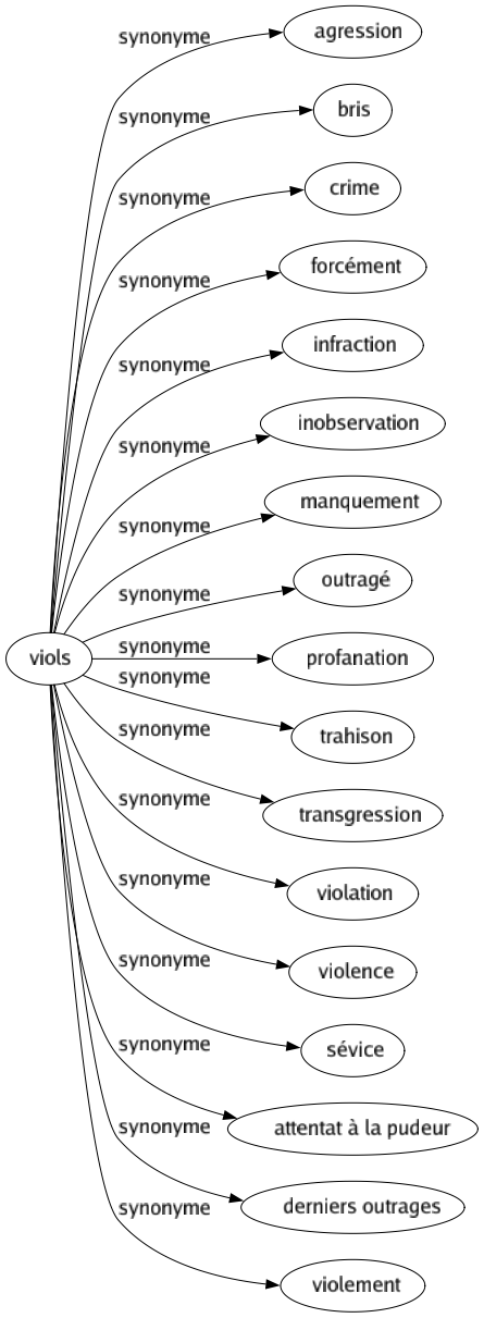 Synonyme de Viols : Agression Bris Crime Forcément Infraction Inobservation Manquement Outragé Profanation Trahison Transgression Violation Violence Sévice Attentat à la pudeur Derniers outrages Violement 