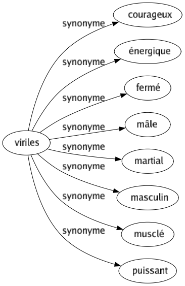 Synonyme de Viriles : Courageux Énergique Fermé Mâle Martial Masculin Musclé Puissant 