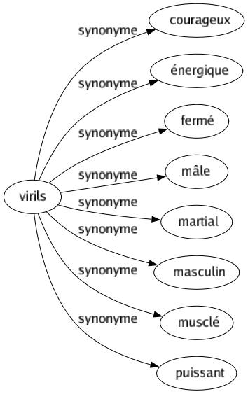 Synonyme de Virils : Courageux Énergique Fermé Mâle Martial Masculin Musclé Puissant 