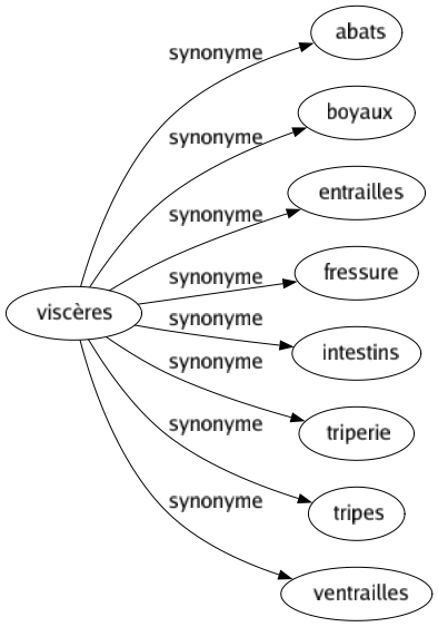 Synonyme de Viscères : Abats Boyaux Entrailles Fressure Intestins Triperie Tripes Ventrailles 